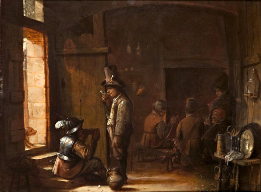 Tavern interior with a soldier sitting and drinking beside a boor, vintage artwork by Joos van Craesbeeck, 12x8" (A4) Poster