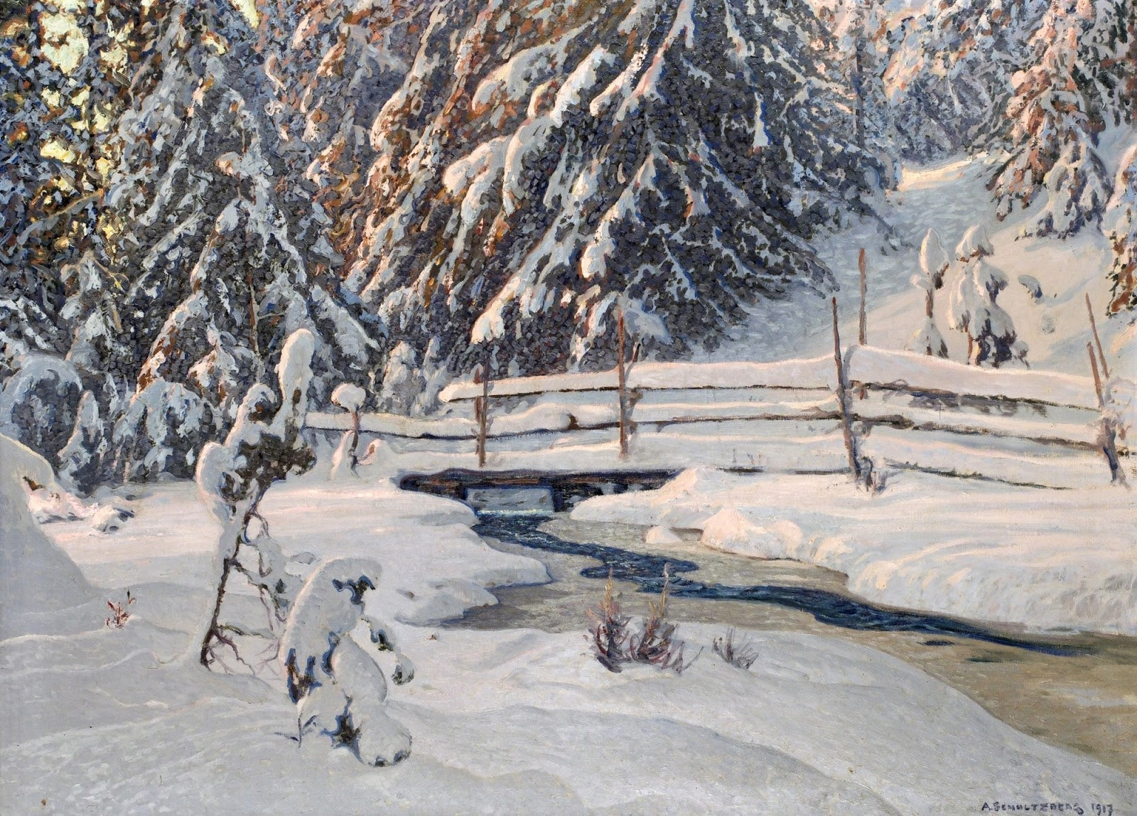 Stream in the Winter Forest, vintage artwork by Anshelm Schultzberg, 12x8" (A4) Poster