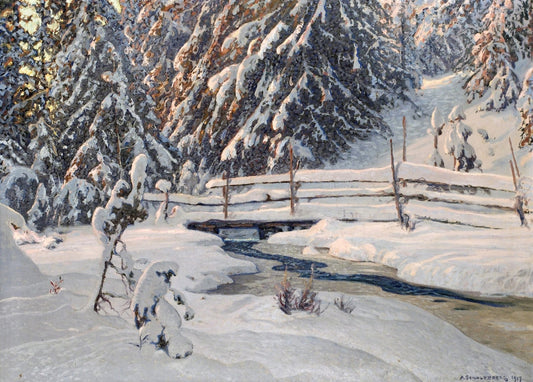 Stream in the Winter Forest, vintage artwork by Anshelm Schultzberg, 12x8" (A4) Poster