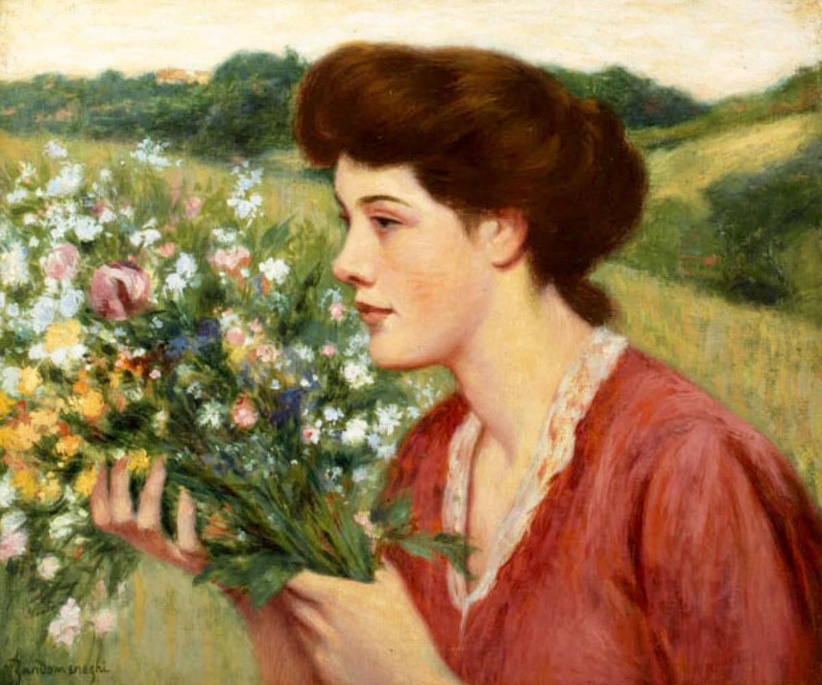 Girl with a Bouquet of Flowers, vintage artwork by Federico Zandomeneghi, 12x8" (A4) Poster