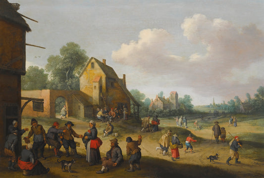 Village Scene with Figures Outside an Inn, vintage artwork by Joost Cornelisz. Droochsloot, 12x8" (A4) Poster
