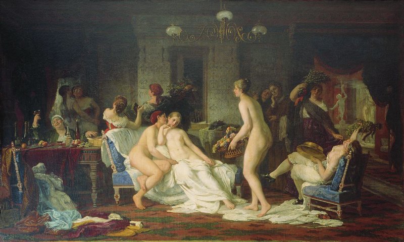 Girls in the Bathhouse, vintage artwork by Firs Sergeevich Zhuravlev, 12x8" (A4) Poster