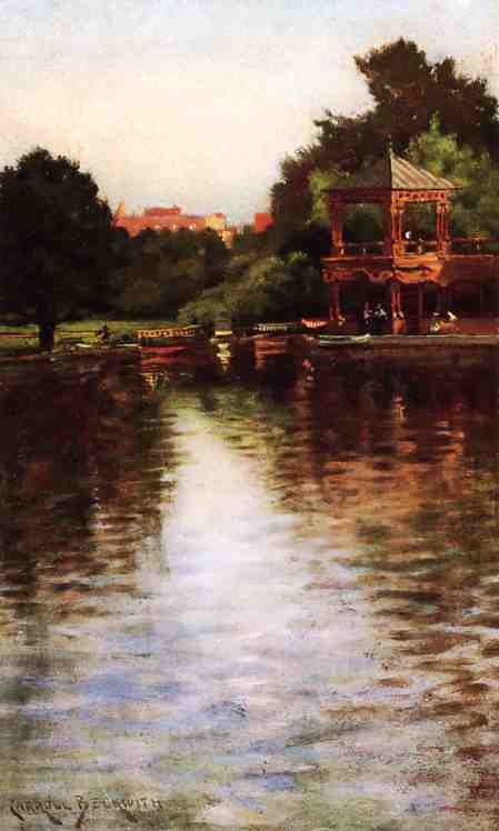 The Boathouse in Central Park, vintage artwork by James Carroll Beckwith, 12x8" (A4) Poster