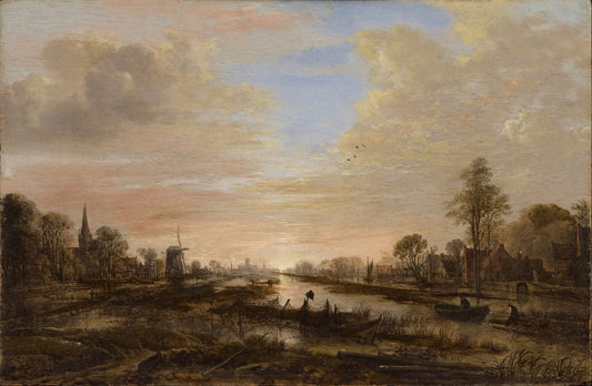 Landscape with a River at Twilight, vintage artwork by Aert van der Neer, 12x8" (A4) Poster