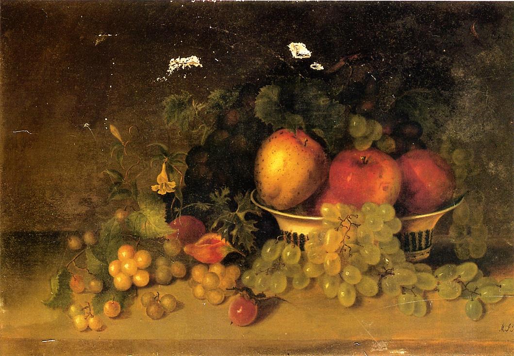 Still Life with Apples, Grapes, Figs and Plums, vintage artwork by Mary Jane Peale, 12x8" (A4) Poster