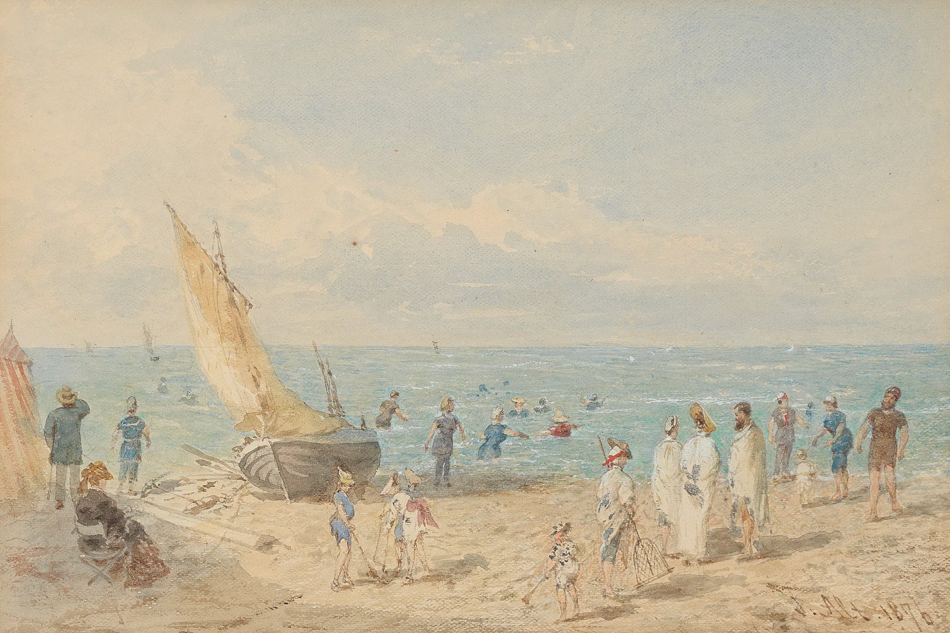 Sea Beach with Bathing and Sailing Boat, vintage artwork by Franz von Alt, A3 (16x12") Poster Print