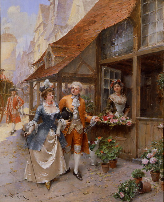 Passing the Flower Shop, vintage artwork by Henri Victor Lesur, 12x8" (A4) Poster