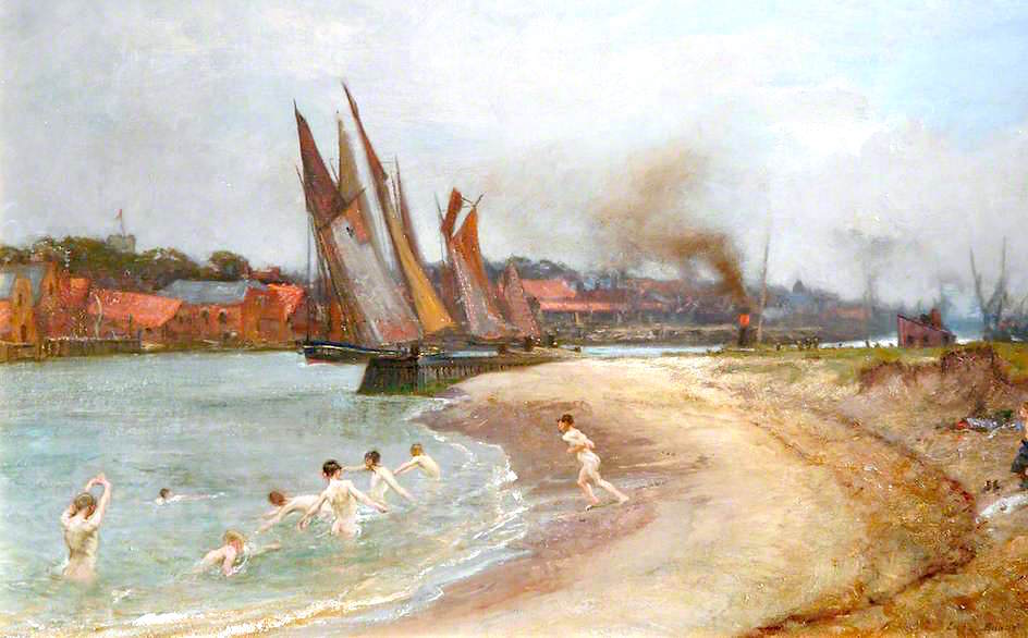 Boys Bathing at Sandy Hook, Great Yarmouth, Norfolk, vintage artwork by Edgar Bundy, 12x8" (A4) Poster