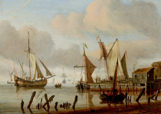 Ships near the Seashore, vintage artwork by Abraham Jansz. Storck, 12x8" (A4) Poster