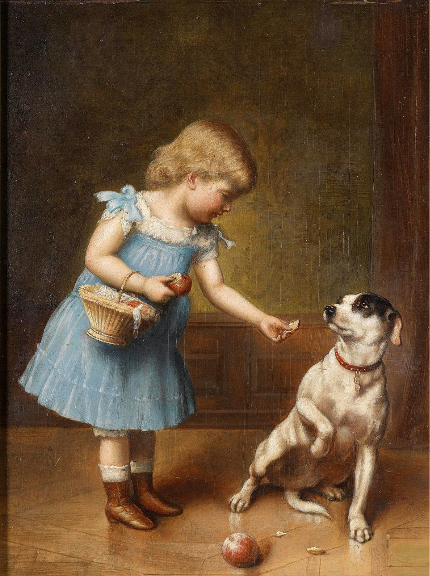 Young girl feeding a dog, vintage artwork by Carl Reichert, 12x8" (A4) Poster