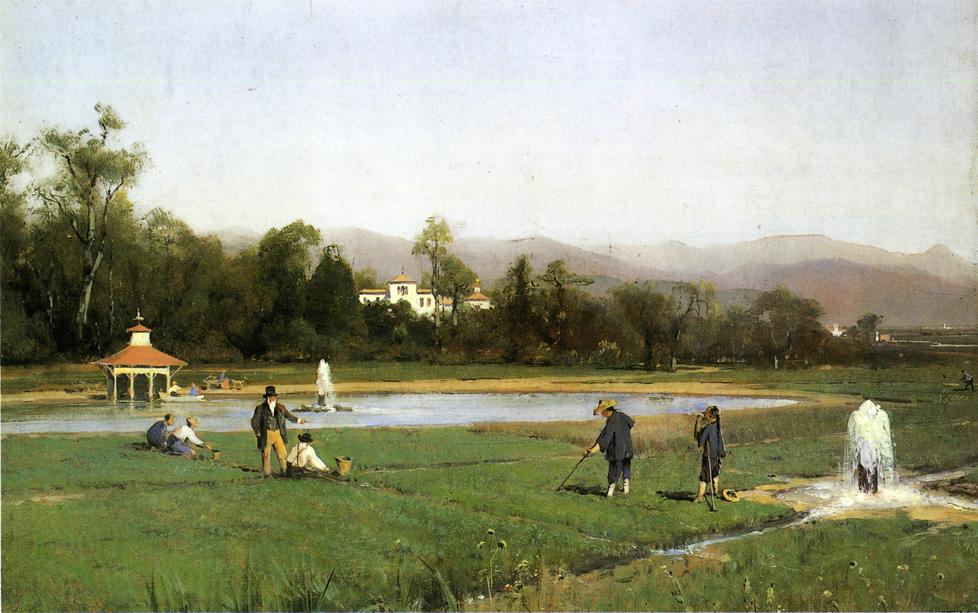 Irrigating at Strawberry Farm, vintage artwork by Thomas Hill, 12x8" (A4) Poster