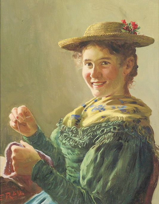 Sewing Girl, vintage artwork by Emil Rau, 12x8" (A4) Poster