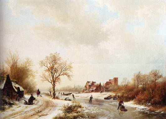 Winter Landscape with Figures on a Path and Skaters on a Frozen Waterway, vintage artwork by Barend Cornelis Koekkoek, A3 (16x12") Poster Print