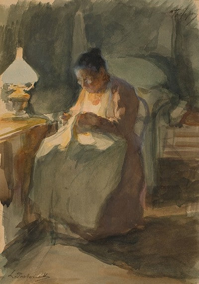 Nanny Sewing, vintage artwork by Leonid Osipovich Pasternak, 12x8" (A4) Poster