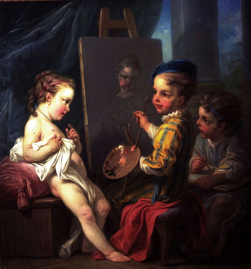 Allegories of the Fine Arts as Children - Painting, vintage artwork by Carle van Loo, 12x8" (A4) Poster