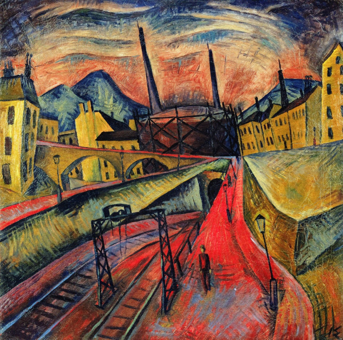 Urban Landscape with Tracks and Stacks, vintage artwork by Ignaz Epper, 12x8" (A4) Poster