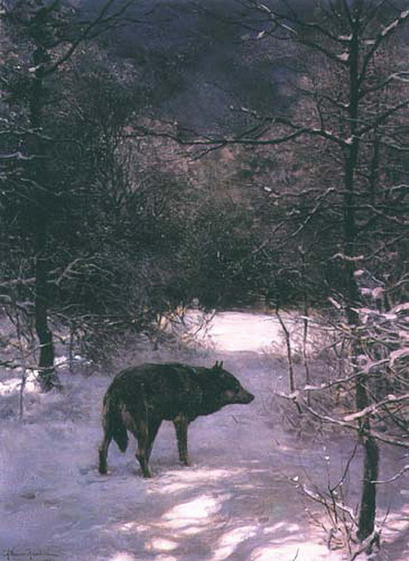 Wolf in the Winter Forest, vintage artwork by Alfred von Wierusz-Kowalski, 12x8" (A4) Poster