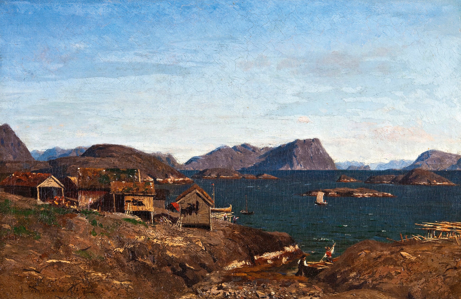Fishing village in Lofoten, vintage artwork by Adelsteen Normann, 12x8" (A4) Poster