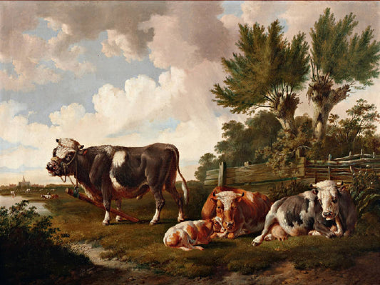 Bull with resting cows and calf at a fence, vintage artwork by Albertus Verhoesen, A3 (16x12") Poster Print