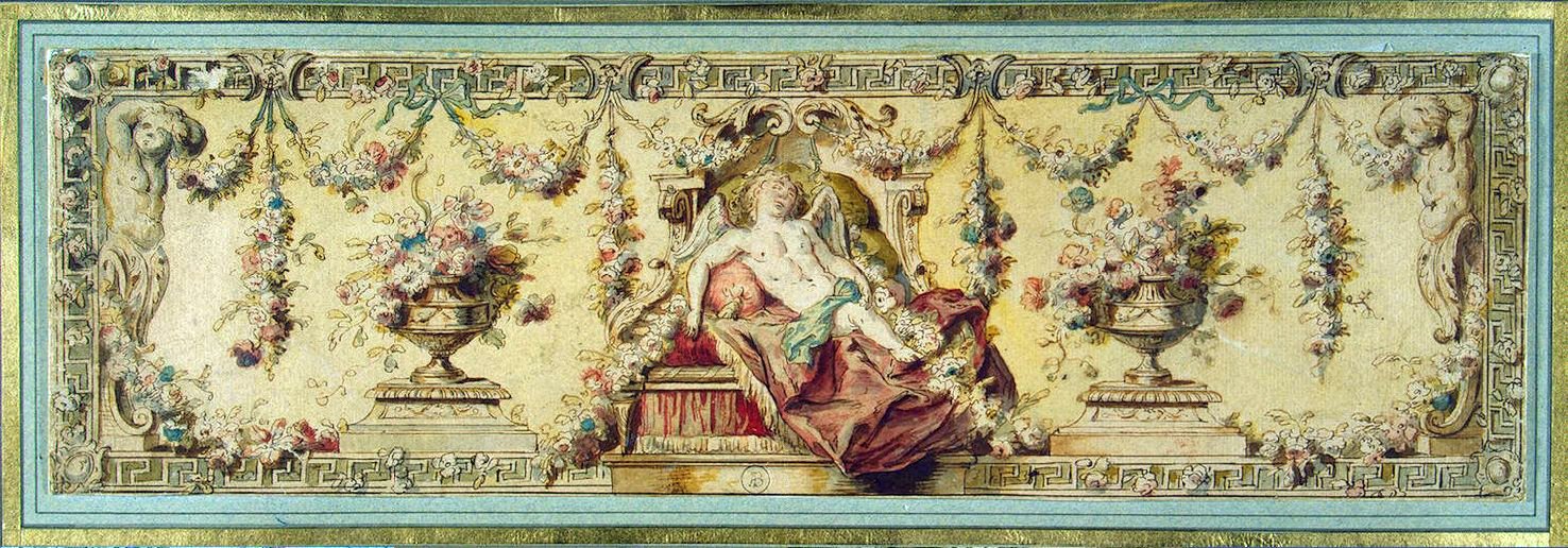 Design of Upholstery for a Couch - Cupid Sleeping, vintage artwork by Charles-Antoine Coypel IV, 12x8" (A4) Poster