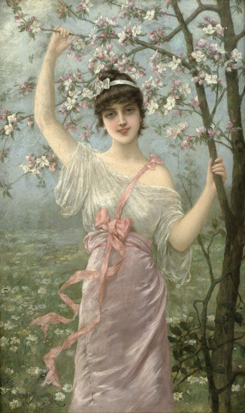 Young woman with cherry blossoms, vintage artwork by Emile Eisman-Semenowsky, 12x8" (A4) Poster