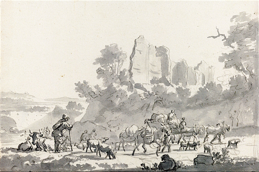 A Herdsman with Livestock and Passing Travelers in a Southern Landscape with an Ancient Ruin, vintage artwork by Adriaen van de Velde, 12x8" (A4) Poster