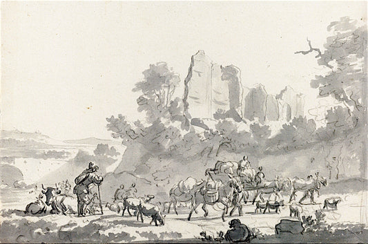 A Herdsman with Livestock and Passing Travelers in a Southern Landscape with an Ancient Ruin, vintage artwork by Adriaen van de Velde, 12x8" (A4) Poster