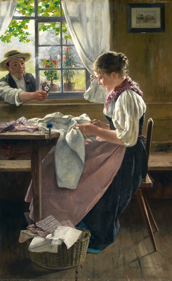 Girl Sewing, vintage artwork by Hans Bachmann, 12x8" (A4) Poster