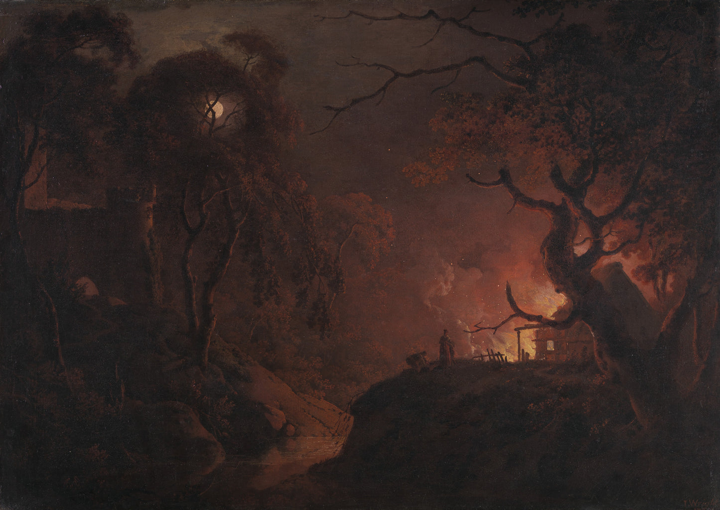 Cottage on Fire at Night, vintage artwork by Joseph Wright of Derby , 12x8" (A4) Poster