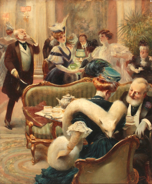 Reunion dans un salon parisien, vintage artwork by Albert Guillaume, 12x8" (A4) Poster