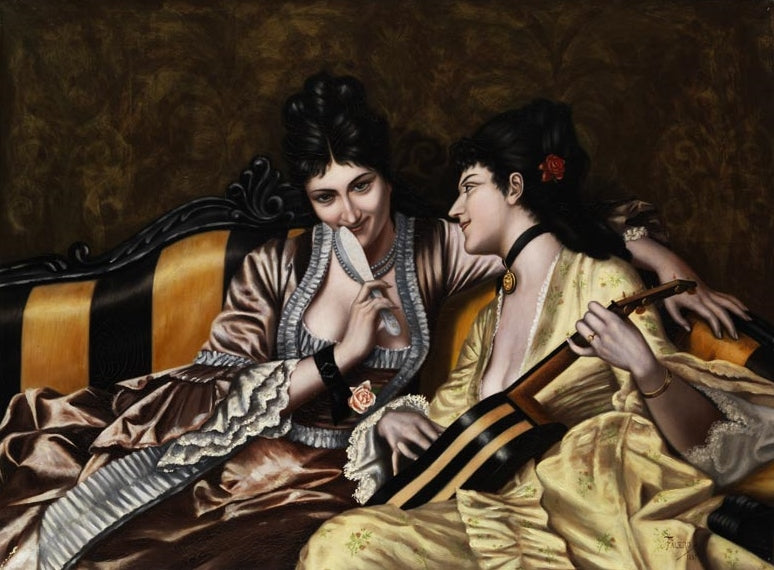 Two women in a sofa, vintage artwork by Luis Ricardo Falero, 12x8" (A4) Poster