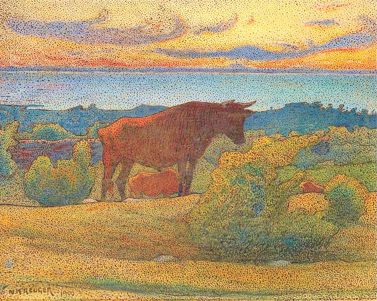 Young Bull at Hallands slope, vintage artwork by Nils Kreuger, 12x8" (A4) Poster