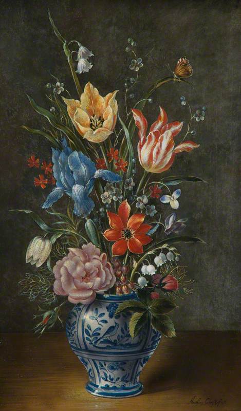 Spring Flowers in a Delft Vase: Iris, Rose and Lily of the Valley, vintage artwork by Anthony Claesz. the Younger, 12x8" (A4) Poster