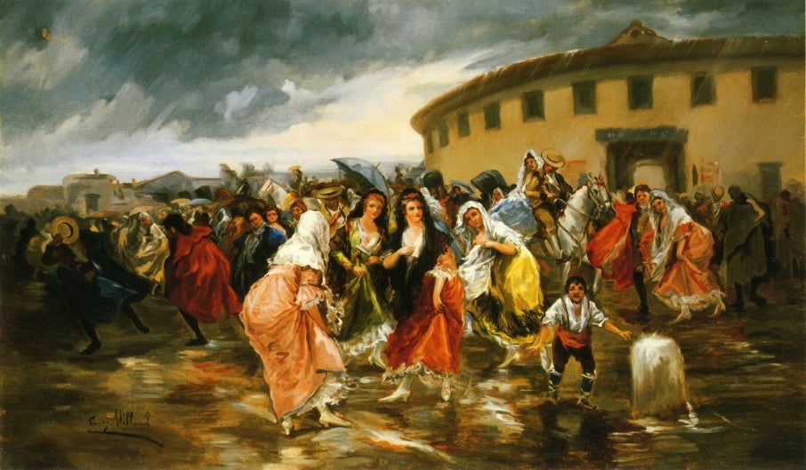 Leaving the Bull Ring in the Rain, vintage artwork by Eugenio Lucas Villamil, 12x8" (A4) Poster