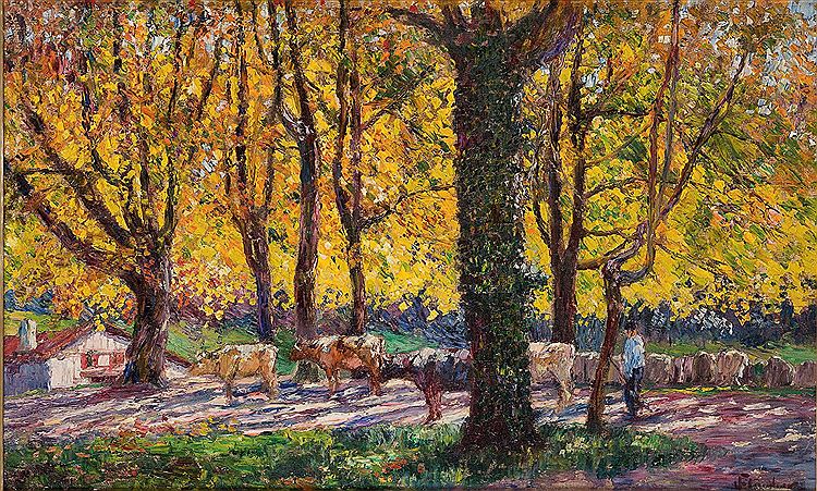 Herding the Cows, vintage artwork by Louis Benjamin Floutier, 12x8" (A4) Poster
