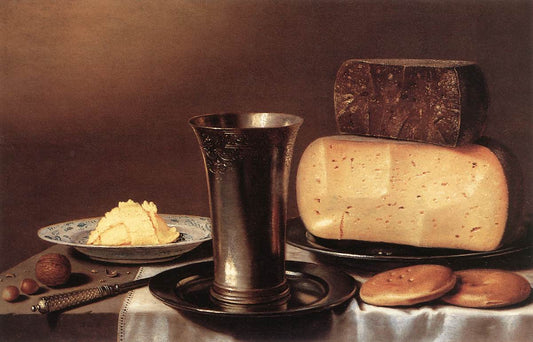 Still life with Beaker and Cheese, vintage artwork by Floris van Schooten, 12x8" (A4) Poster