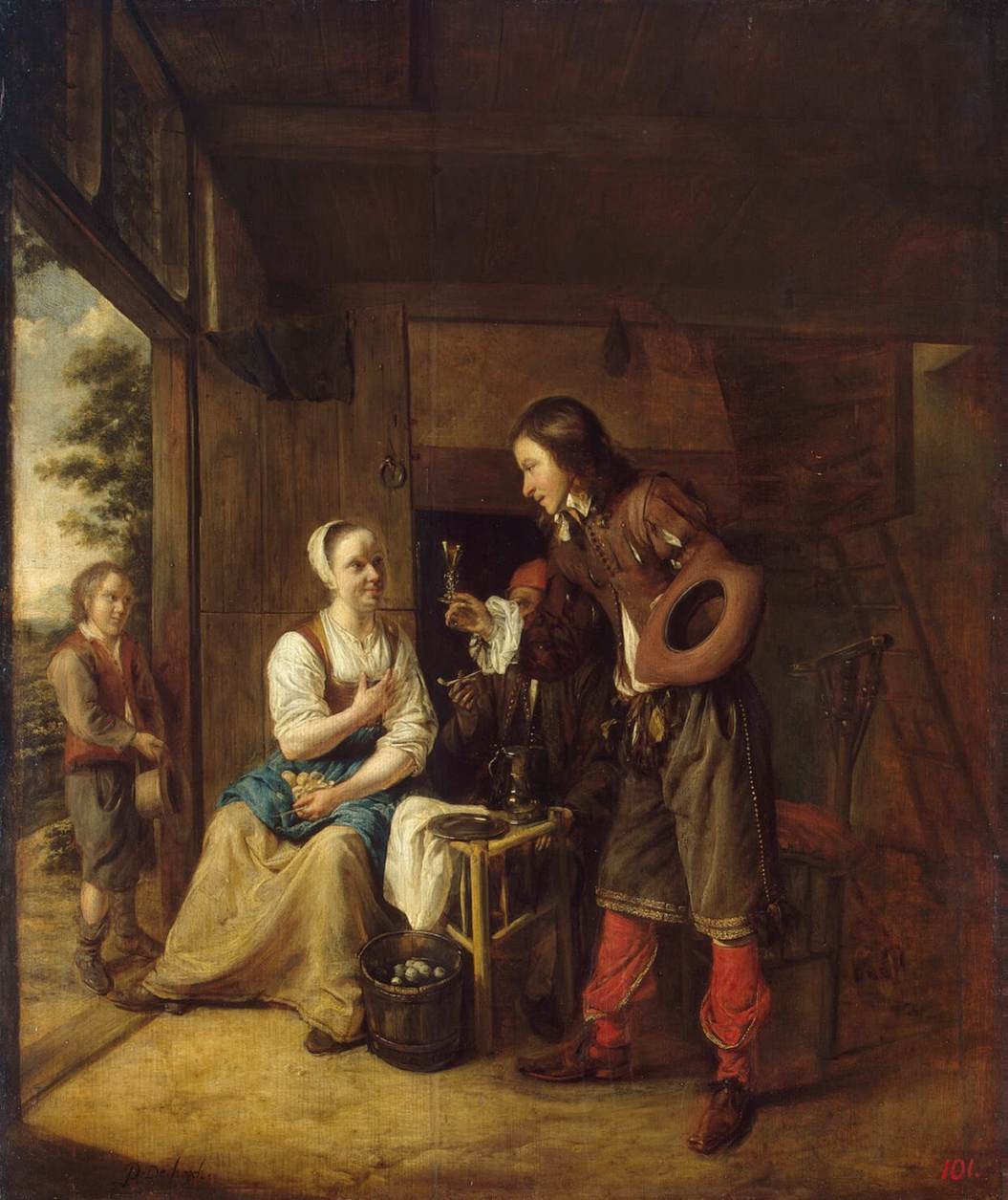 Man Offering a Glass of Wine to a Woman, vintage artwork by Pieter de Hooch, 12x8" (A4) Poster
