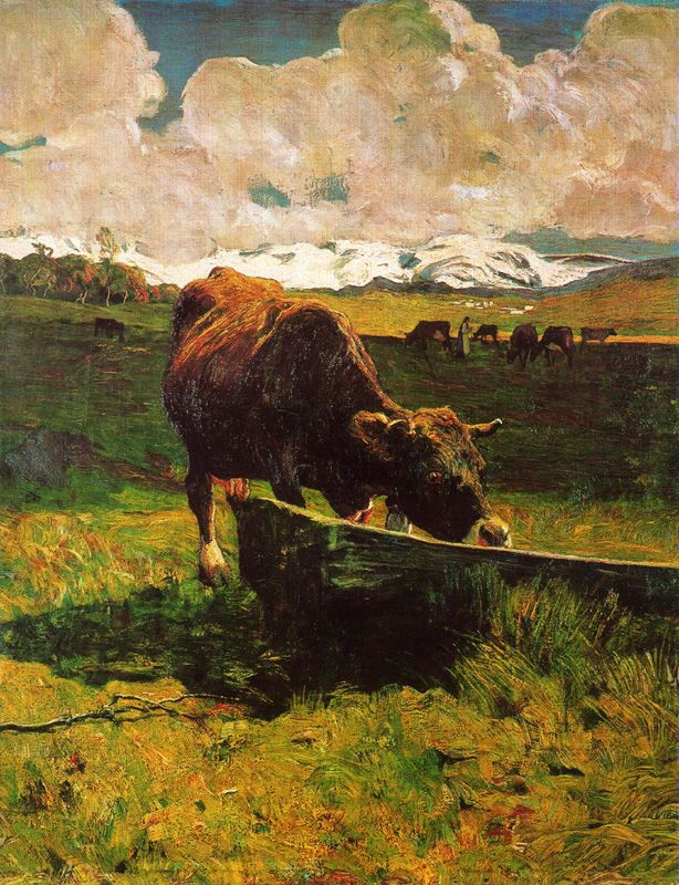 A cow drinking water, vintage artwork by Giovanni Segantini, 12x8" (A4) Poster