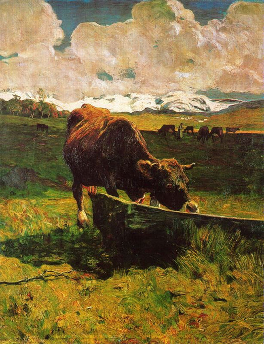 A cow drinking water, vintage artwork by Giovanni Segantini, 12x8" (A4) Poster