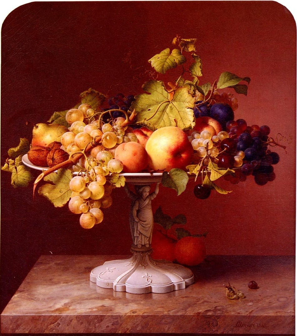 Fruit Still-life with Sculpted Ceramic Bowl, vintage artwork by Johann Wilhelm Preyer, A3 (16x12") Poster Print