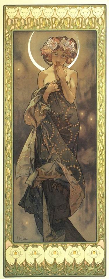 The Moon and the Stars, vintage artwork by Alfons Mucha, 12x8