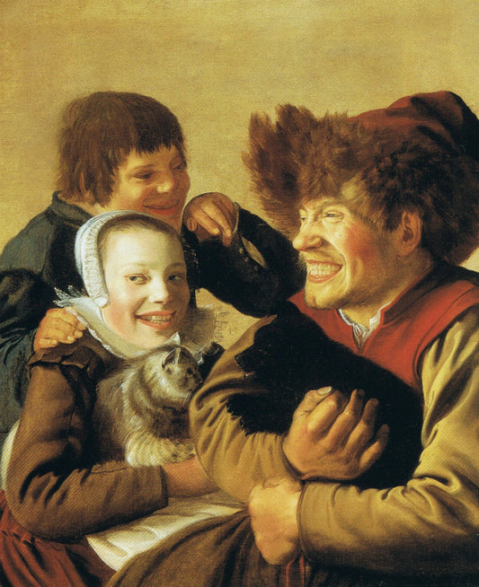 A Grinning Boy in a Fur Hat Holding a Dog, a Girl with a Cat and a Boy Gesturing, vintage artwork by Jan Miense Molenaer, 12x8" (A4) Poster