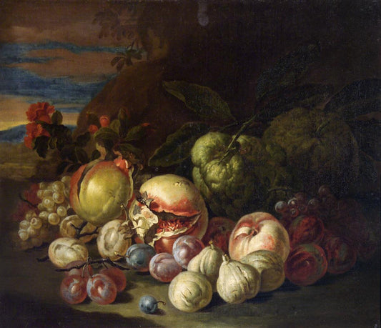 Fruit in a Wicker Basket: Grapes and Peaches, vintage artwork by Jakob Bogdány, 12x8" (A4) Poster