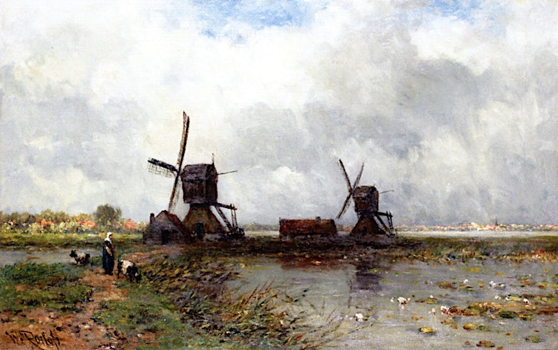 Windmills in a Dutch Polder Landscape, vintage artwork by Willem Roelofs, 12x8" (A4) Poster