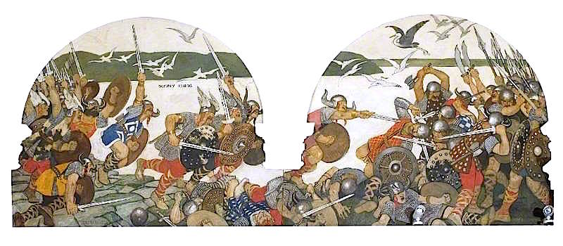 Battle of Maldon, 991, vintage artwork by Maurice William Greiffenhagen, 12x8" (A4) Poster