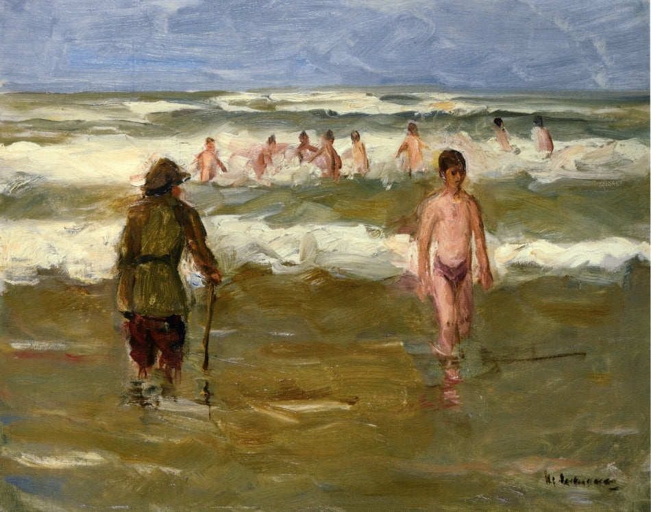 Boys Bathing with Beach Warden, vintage artwork by Max Liebermann, 12x8" (A4) Poster