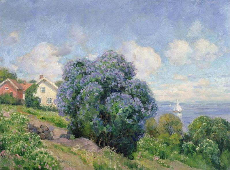 Summer Landscape with Lilac Bush, vintage artwork by Thorolf Holmboe, 12x8" (A4) Poster