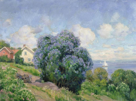 Summer Landscape with Lilac Bush, vintage artwork by Thorolf Holmboe, 12x8" (A4) Poster
