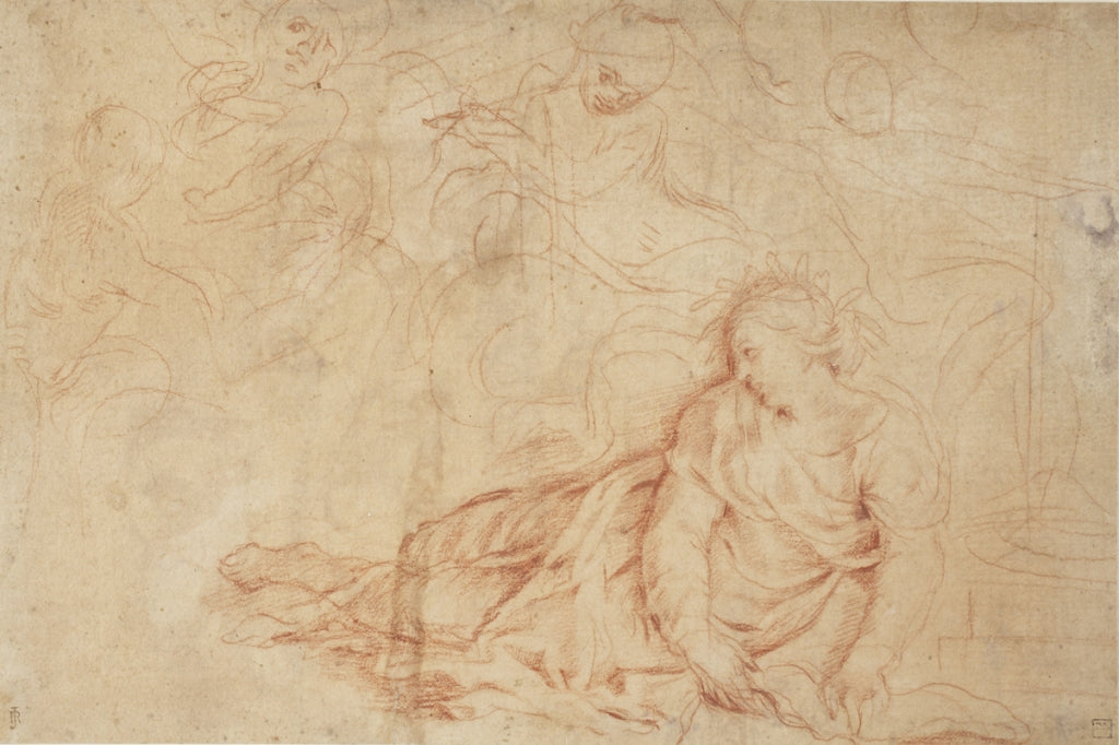 Garlanded Reclining Woman Surrounded by  Figure Studies in Outline, vintage artwork by Pompeo Batoni, 12x8" (A4) Poster