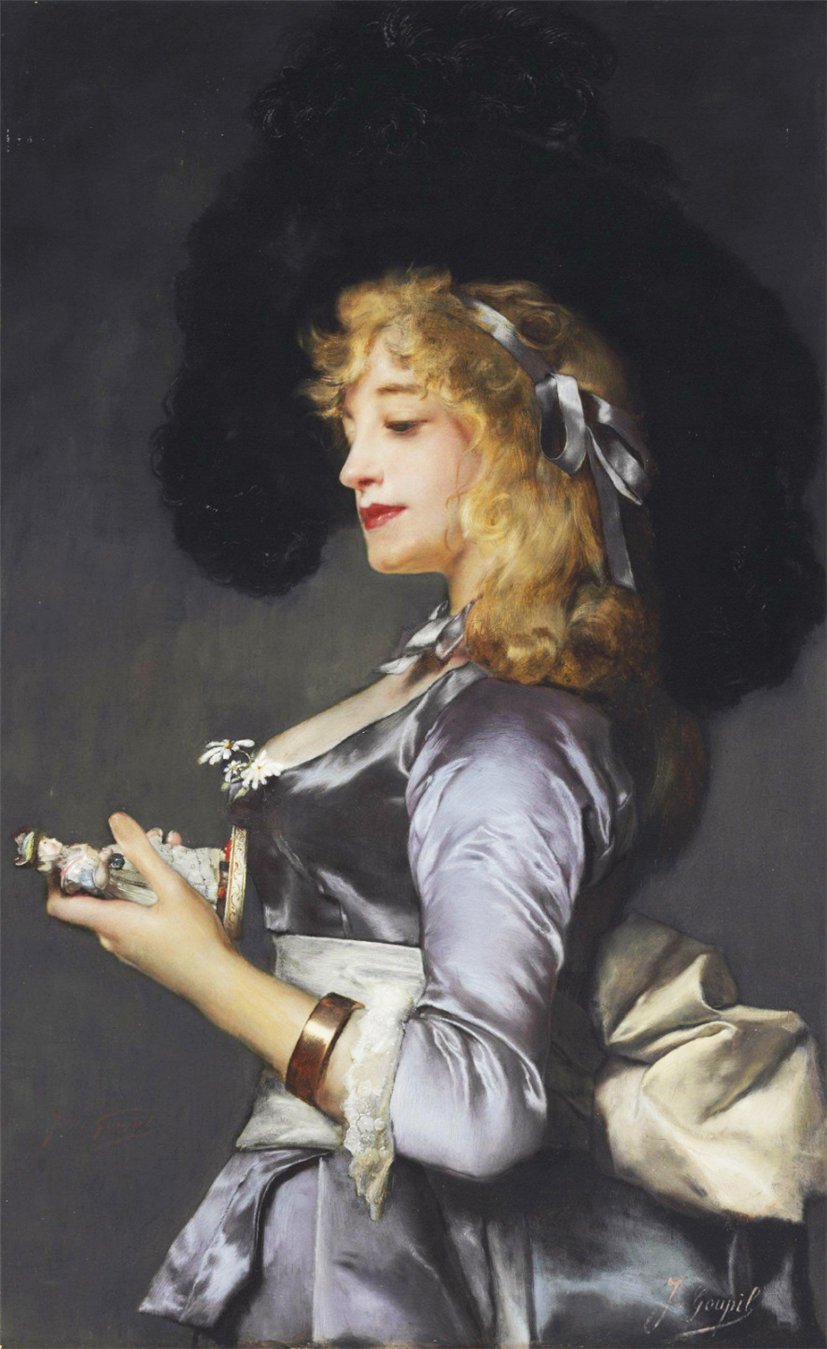 Lady with a Figurine, vintage artwork by Jules-Adolphe Goupil, 12x8" (A4) Poster